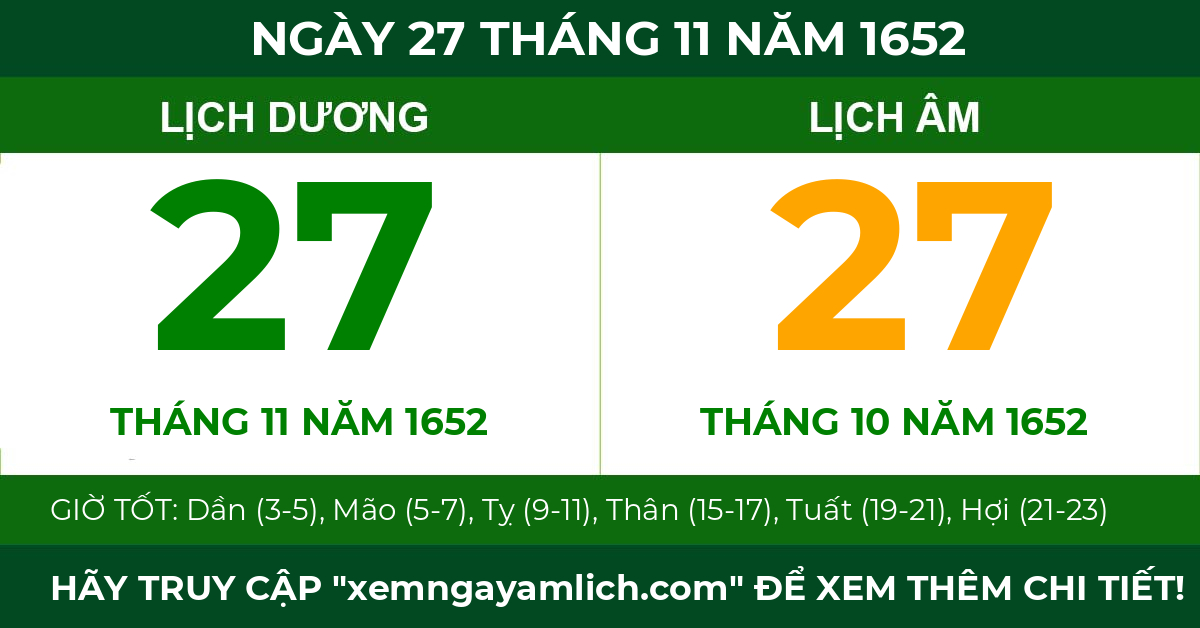lịch âm ngày 27 tháng 11 năm 1652