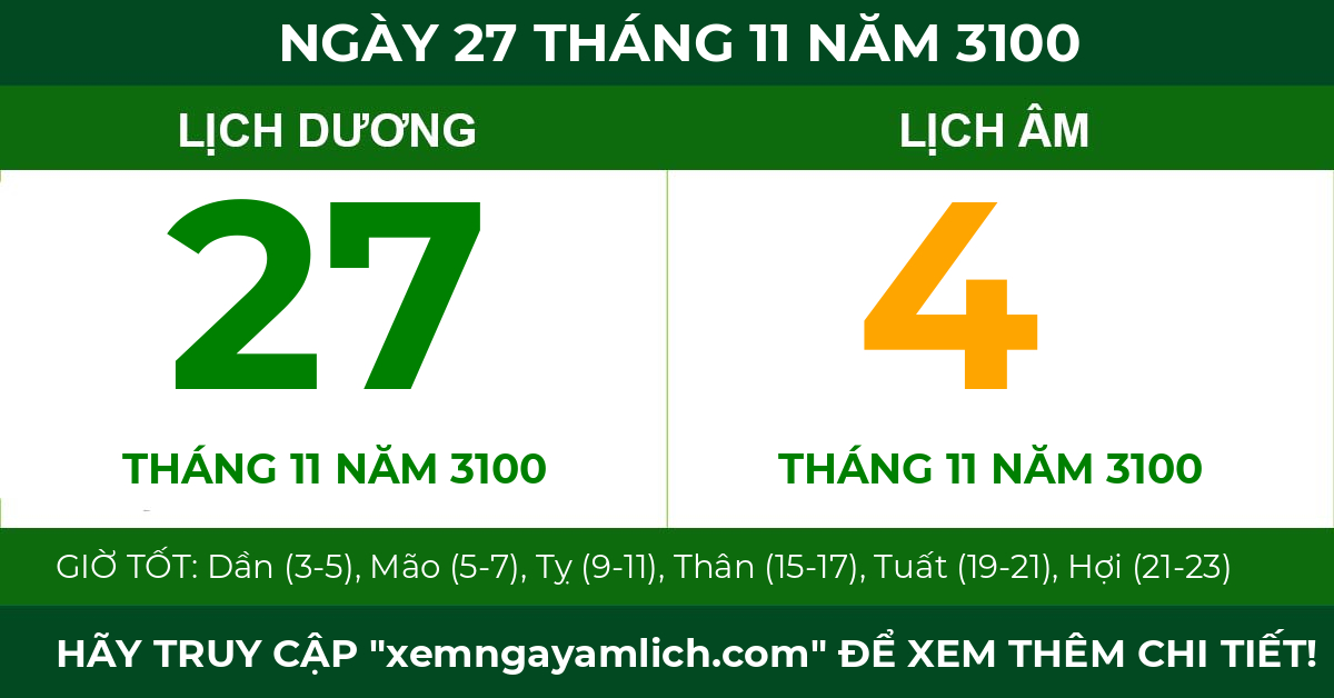 lịch âm ngày 27 tháng 11 năm 3100