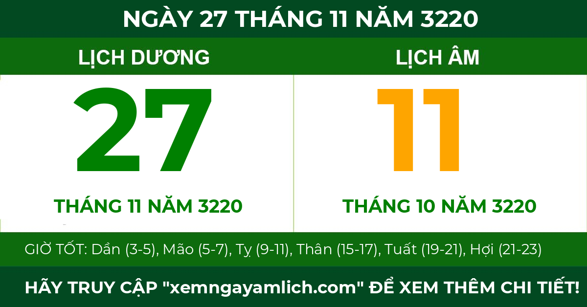 lịch âm ngày 27 tháng 11 năm 3220