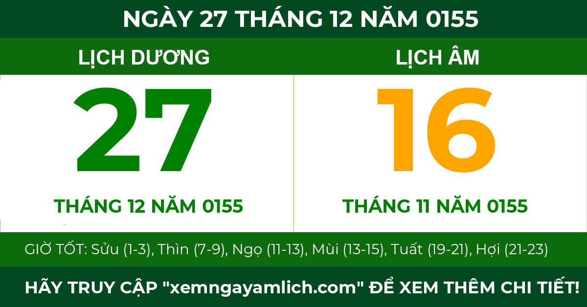 lịch âm ngày 27 tháng 12 năm 0155