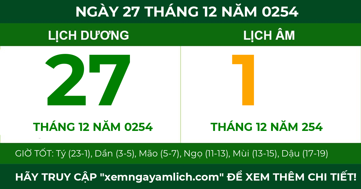 lịch âm ngày 27 tháng 12 năm 0254