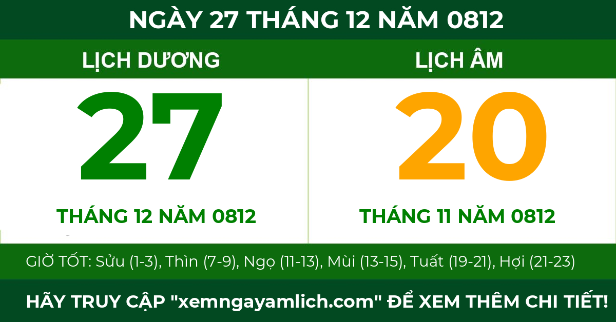 lịch âm ngày 27 tháng 12 năm 0812