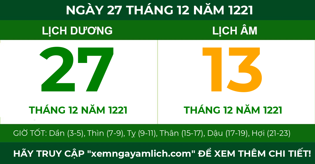 lịch âm ngày 27 tháng 12 năm 1221