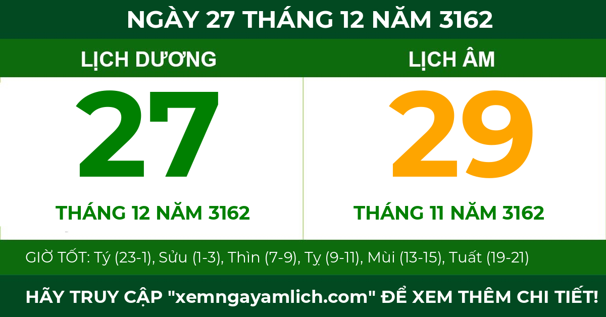 lịch âm ngày 27 tháng 12 năm 3162