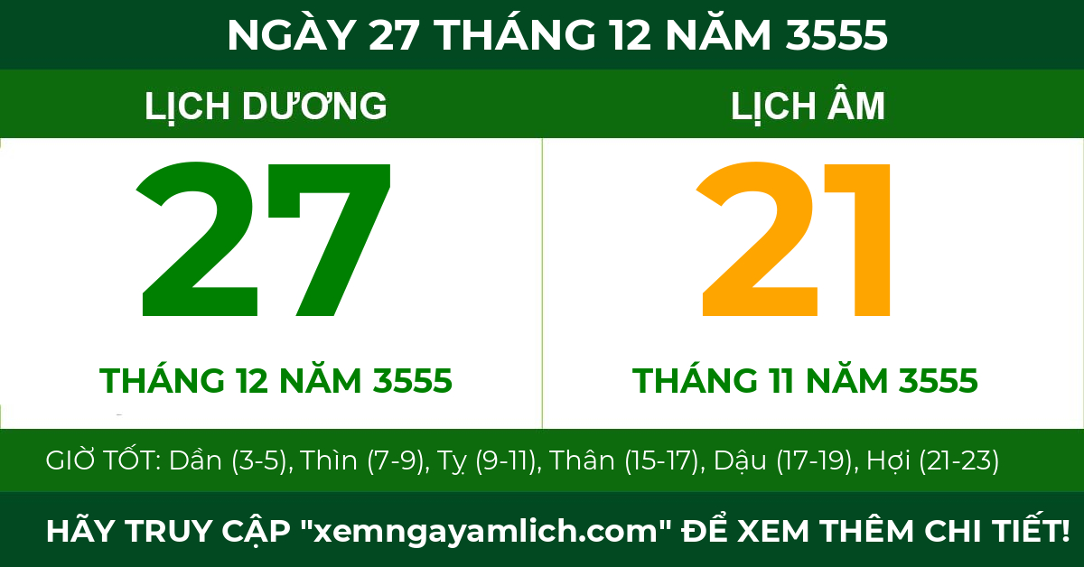 lịch âm ngày 27 tháng 12 năm 3555