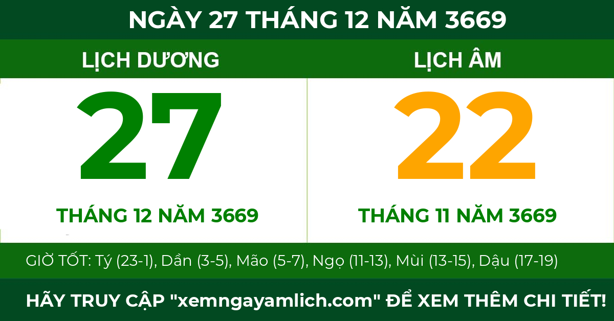lịch âm ngày 27 tháng 12 năm 3669