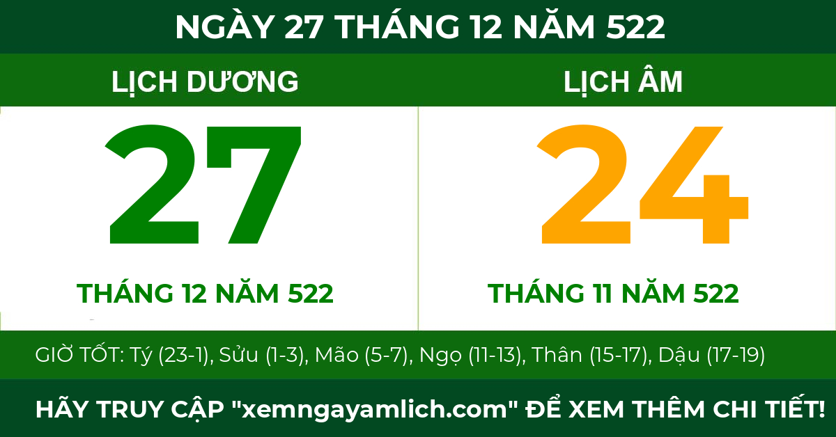 lịch âm ngày 27 tháng 12 năm 522