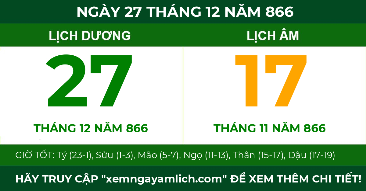 lịch âm ngày 27 tháng 12 năm 866