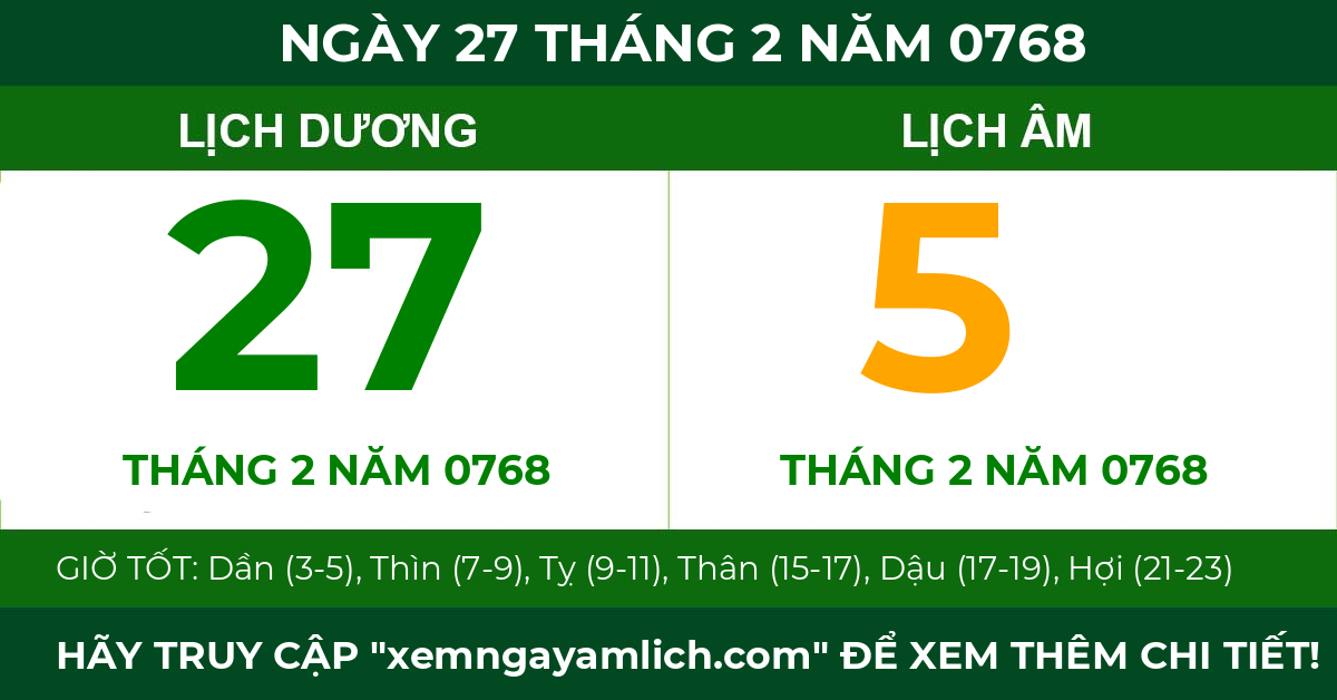 lịch âm ngày 27 tháng 2 năm 0768