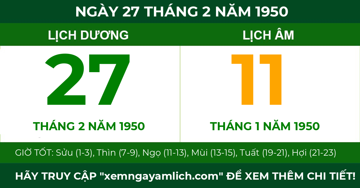 lịch âm ngày 27 tháng 2 năm 1950
