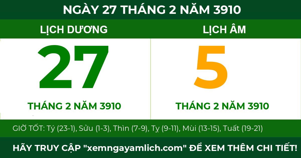 lịch âm ngày 27 tháng 2 năm 3910