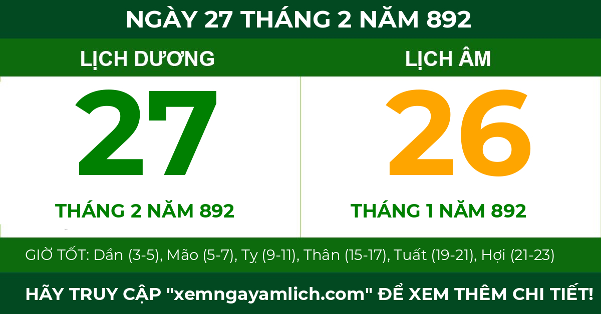 lịch âm ngày 27 tháng 2 năm 892