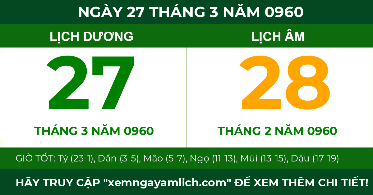 lịch âm ngày 27 tháng 3 năm 0960