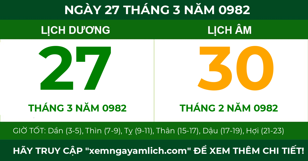 lịch âm ngày 27 tháng 3 năm 0982