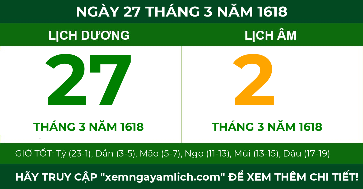lịch âm ngày 27 tháng 3 năm 1618