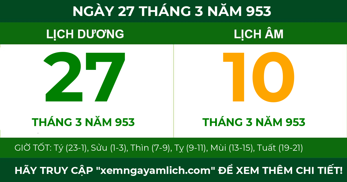 lịch âm ngày 27 tháng 3 năm 953