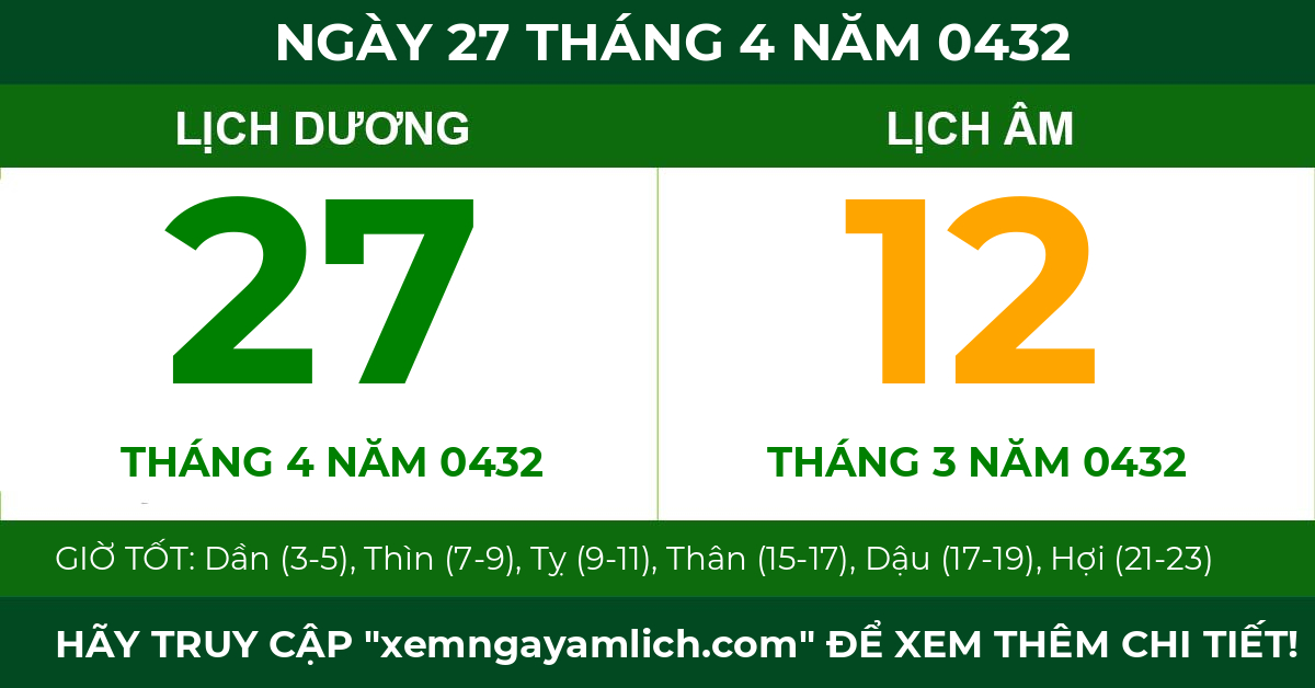 lịch âm ngày 27 tháng 4 năm 0432