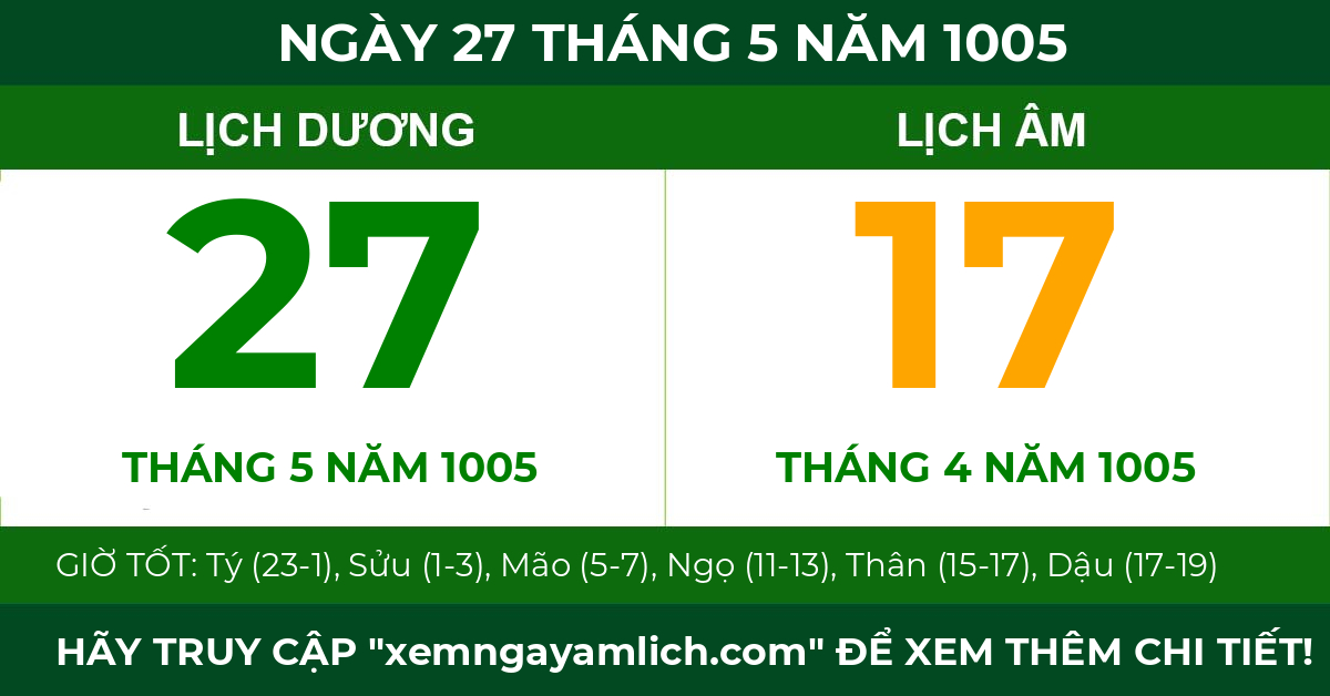 lịch âm ngày 27 tháng 5 năm 1005