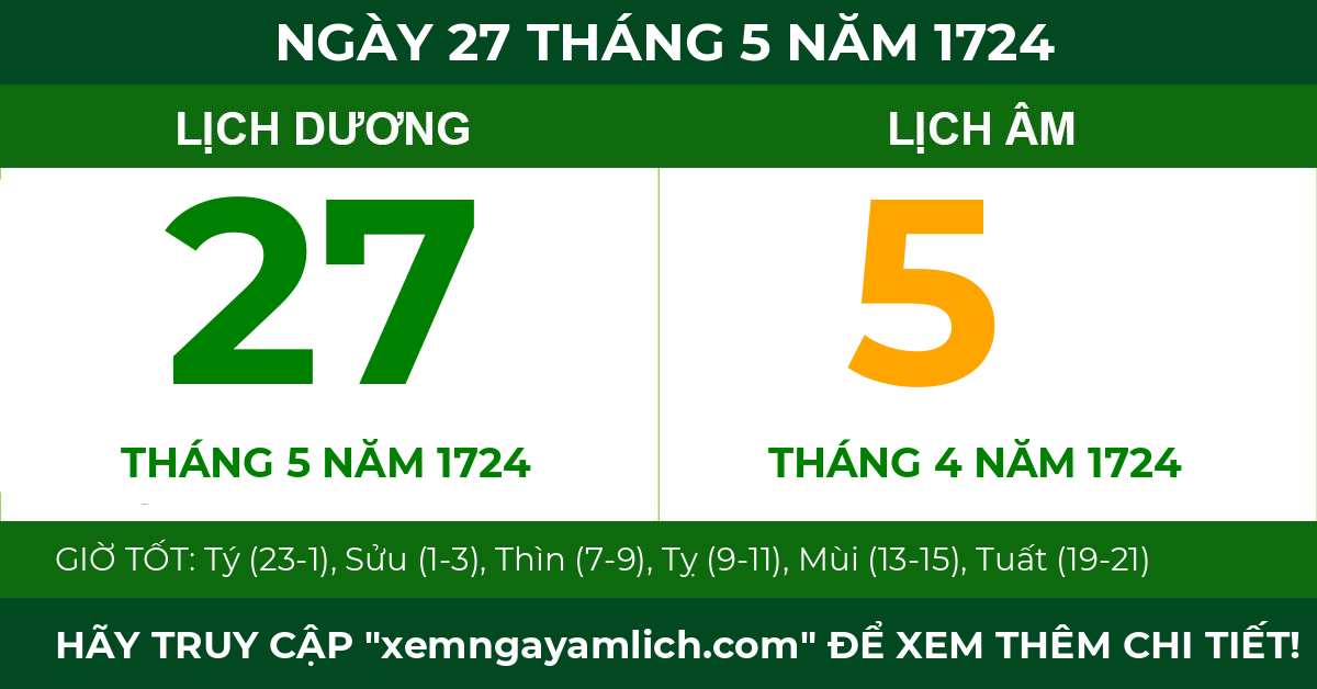 lịch âm ngày 27 tháng 5 năm 1724