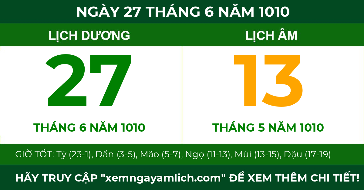 lịch âm ngày 27 tháng 6 năm 1010