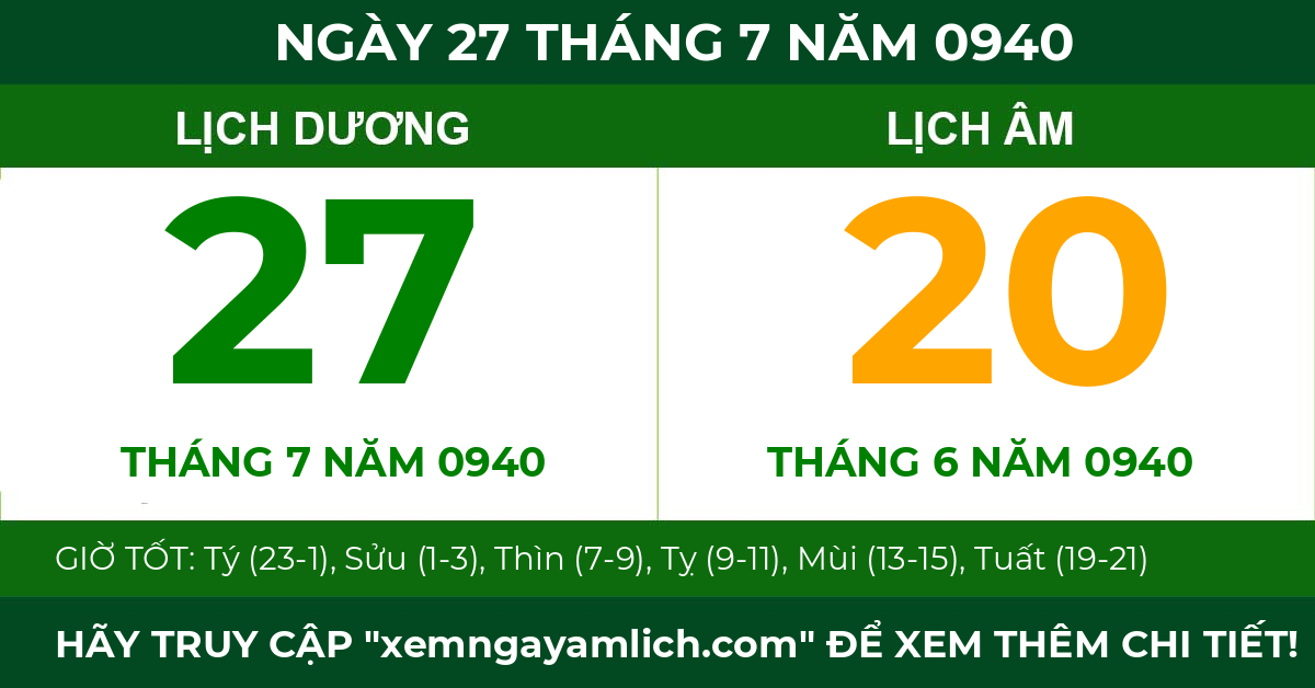 lịch âm ngày 27 tháng 7 năm 0940