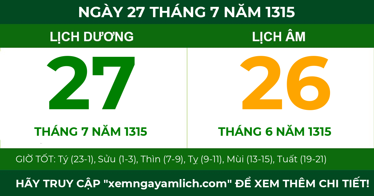 lịch âm ngày 27 tháng 7 năm 1315