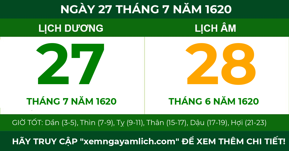lịch âm ngày 27 tháng 7 năm 1620