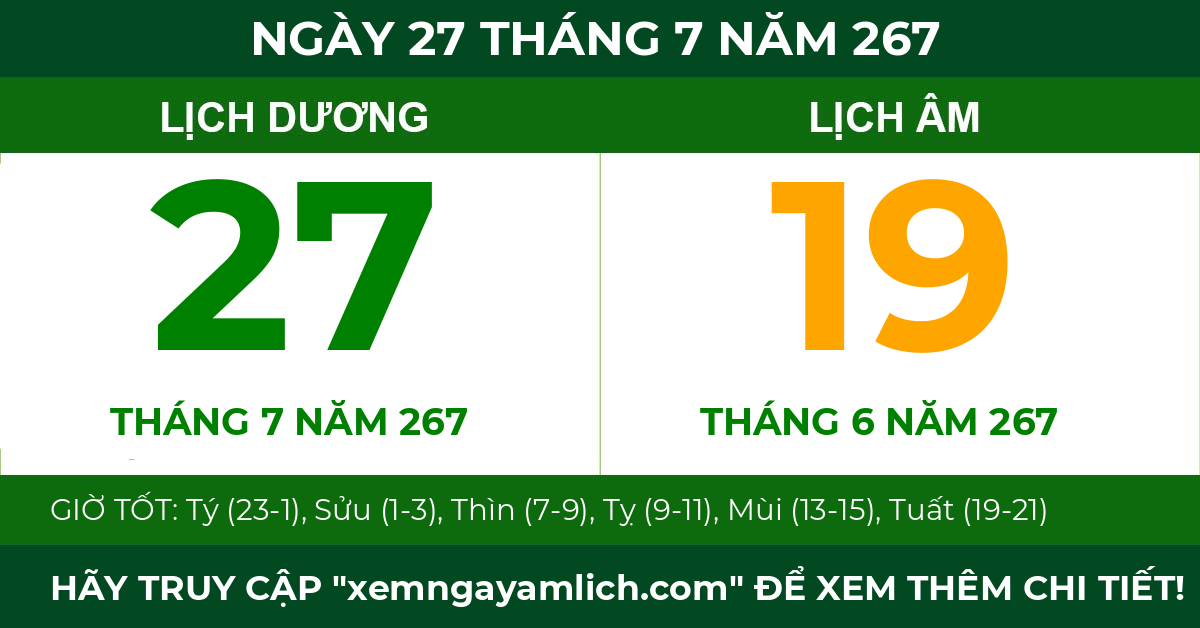 lịch âm ngày 27 tháng 7 năm 267