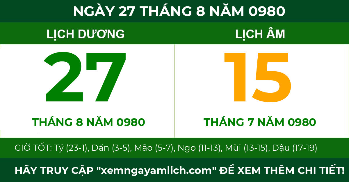 lịch âm ngày 27 tháng 8 năm 0980