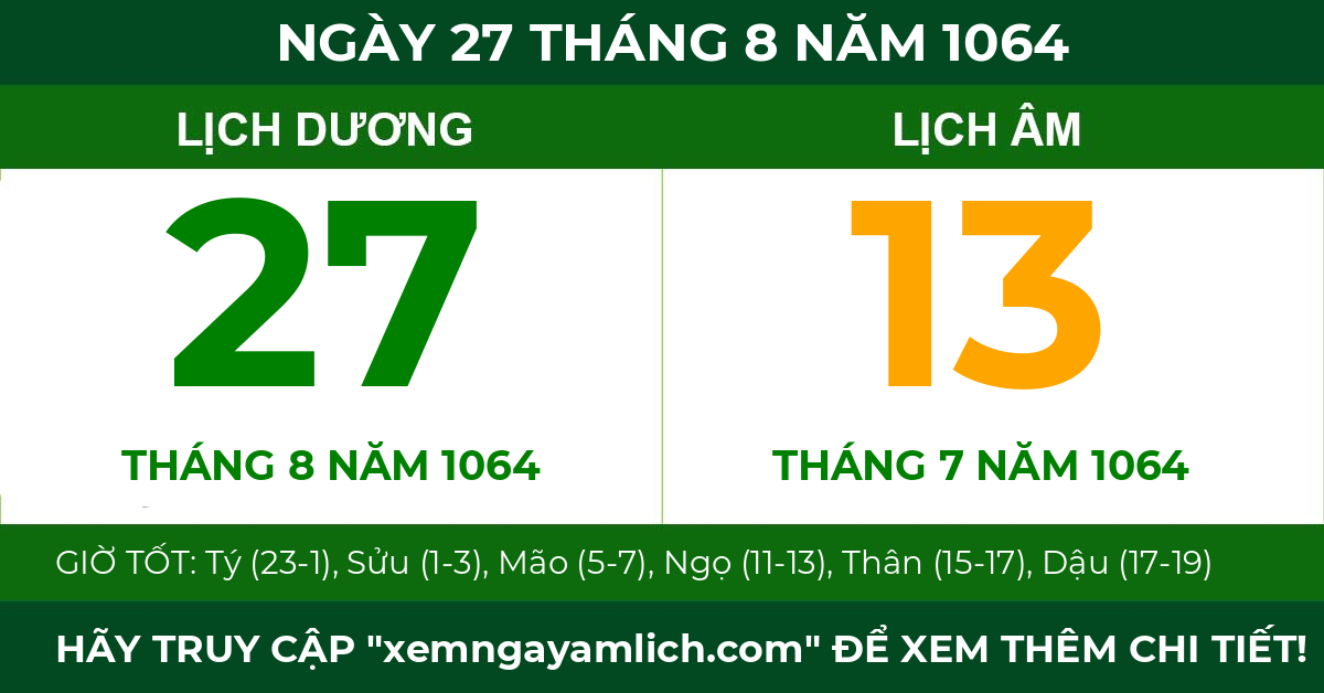 lịch âm ngày 27 tháng 8 năm 1064