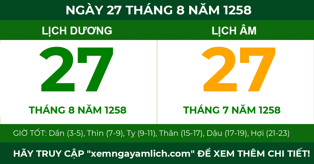 lịch âm ngày 27 tháng 8 năm 1258