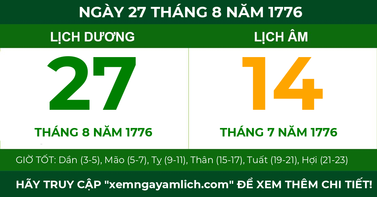 lịch âm ngày 27 tháng 8 năm 1776