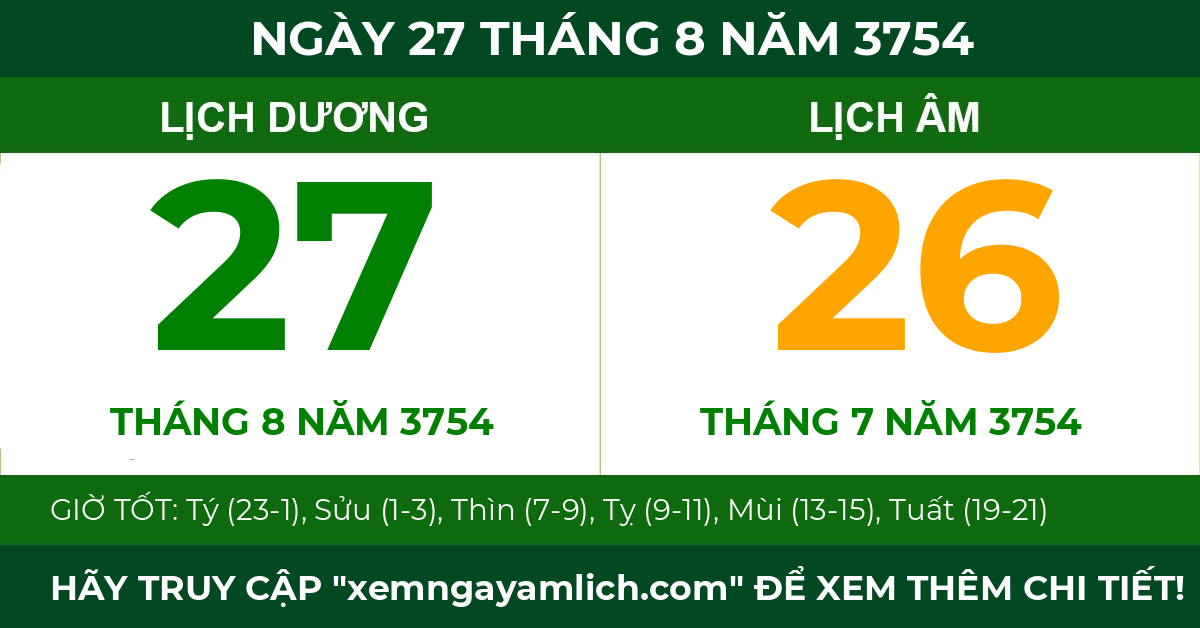 lịch âm ngày 27 tháng 8 năm 3754