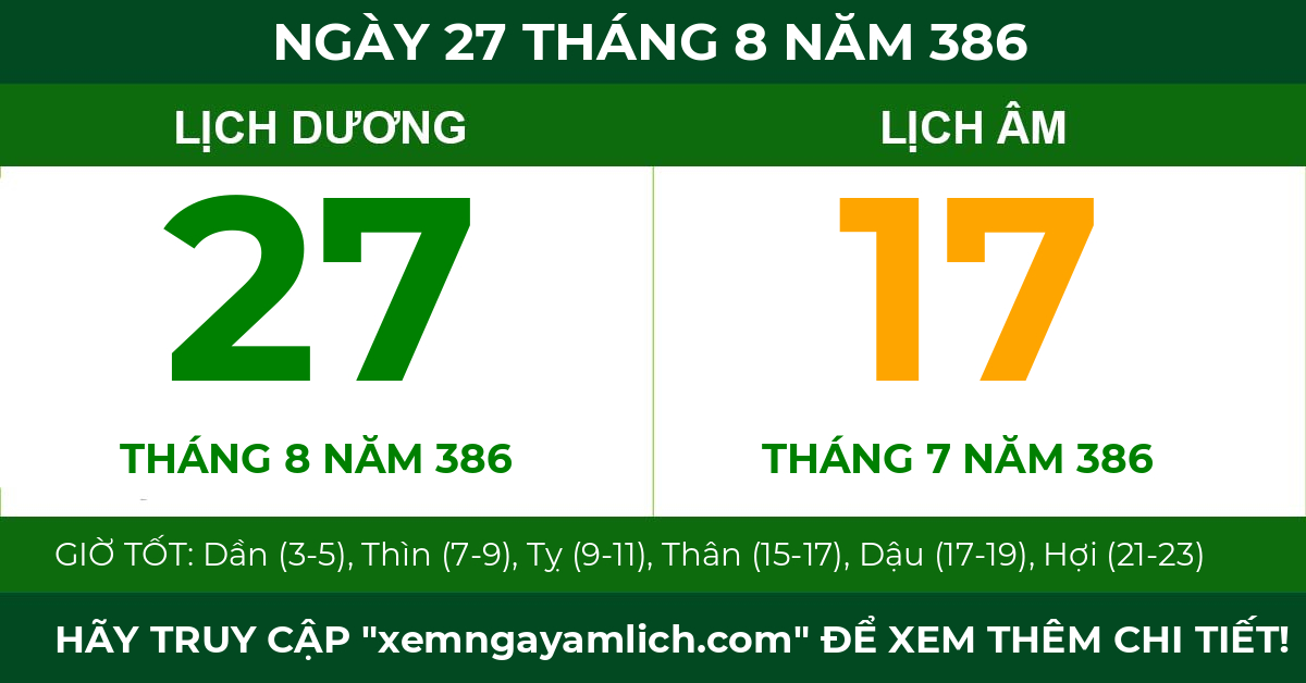 lịch âm ngày 27 tháng 8 năm 386