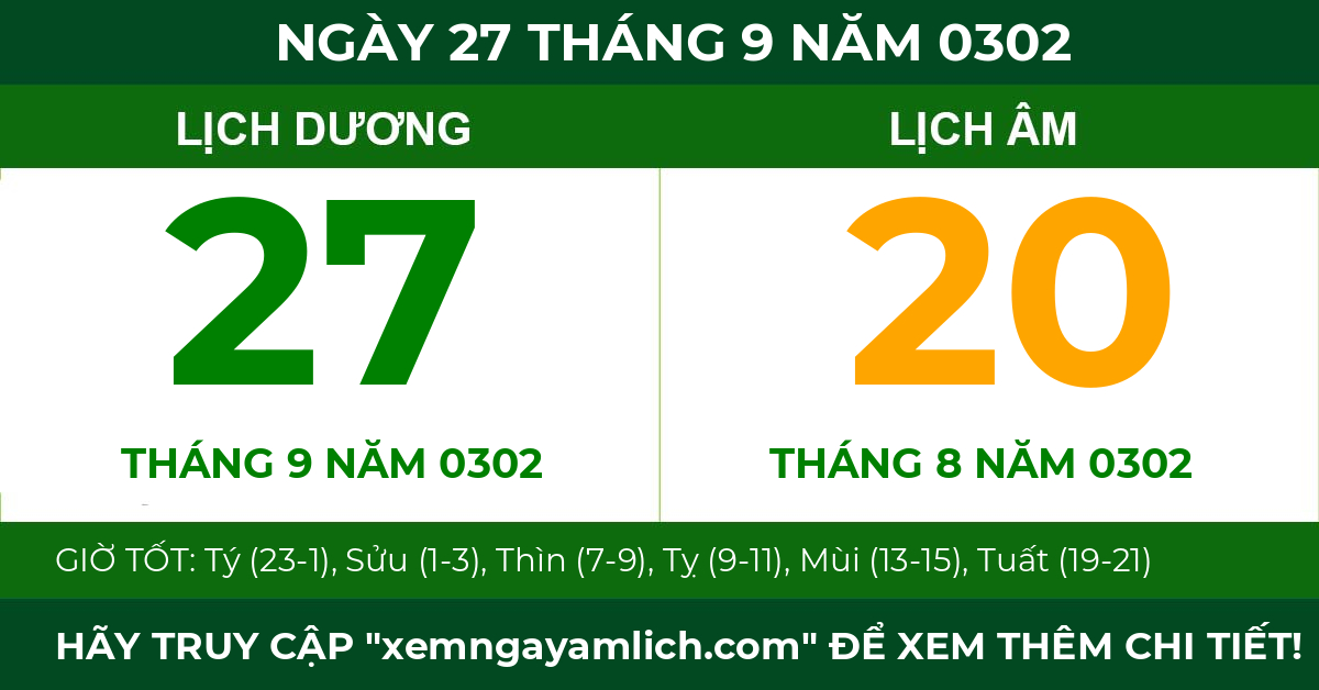 lịch âm ngày 27 tháng 9 năm 0302