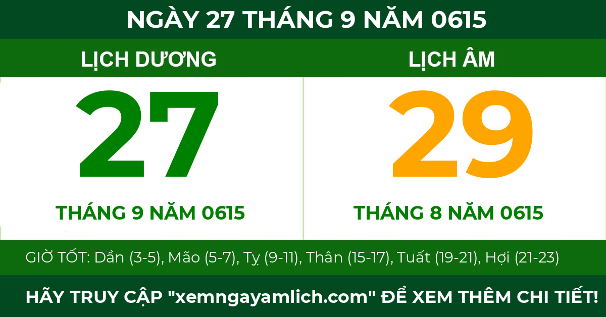 lịch âm ngày 27 tháng 9 năm 0615