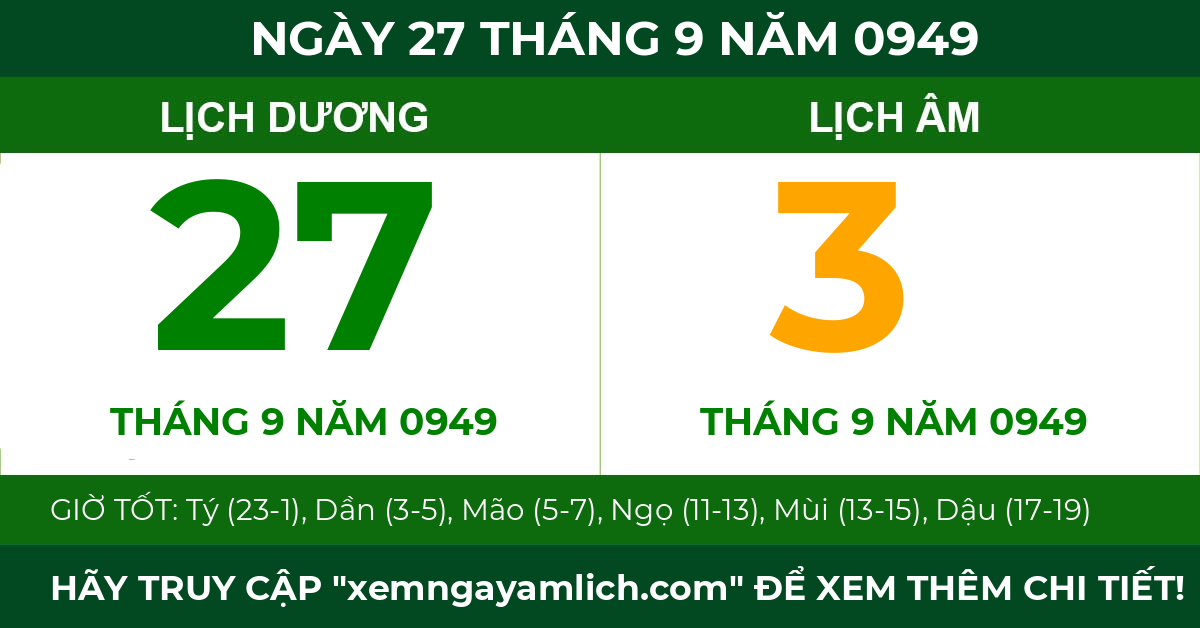 lịch âm ngày 27 tháng 9 năm 0949
