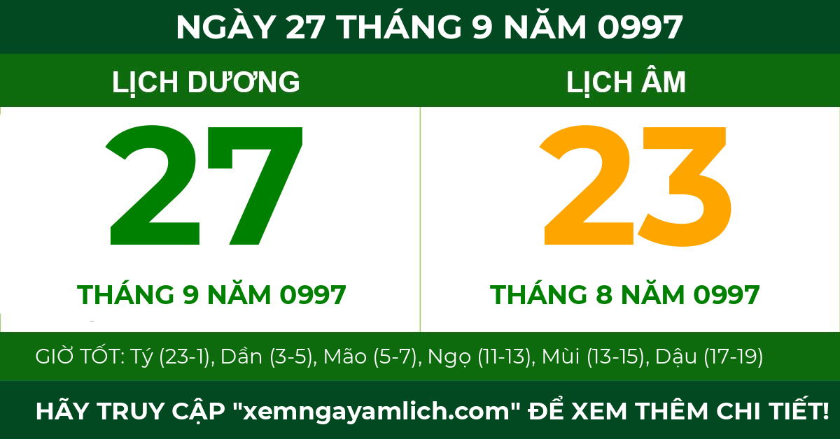 lịch âm ngày 27 tháng 9 năm 0997