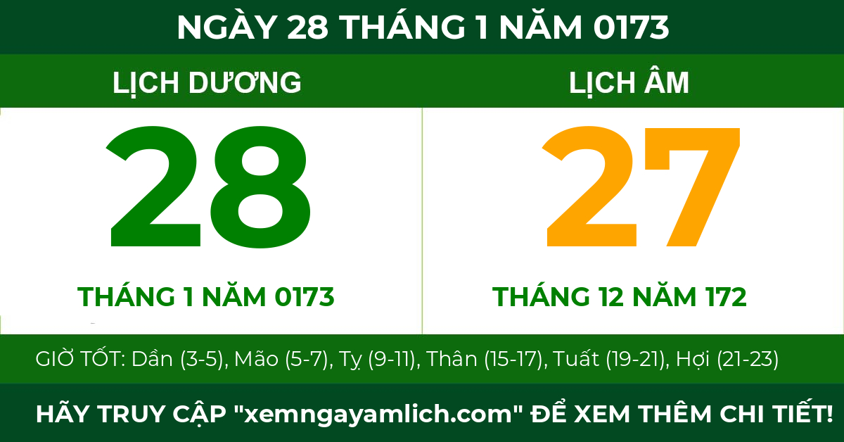 lịch âm ngày 28 tháng 1 năm 0173