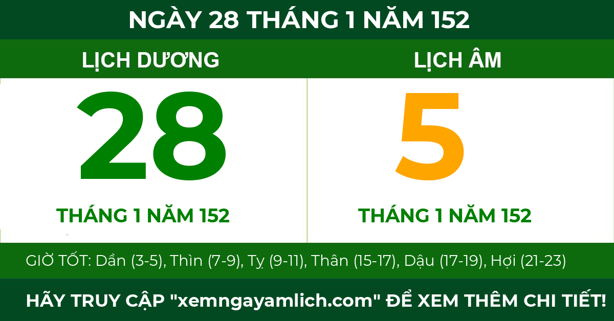 lịch âm ngày 28 tháng 1 năm 152