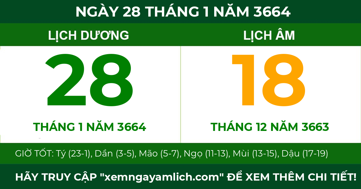 lịch âm ngày 28 tháng 1 năm 3664