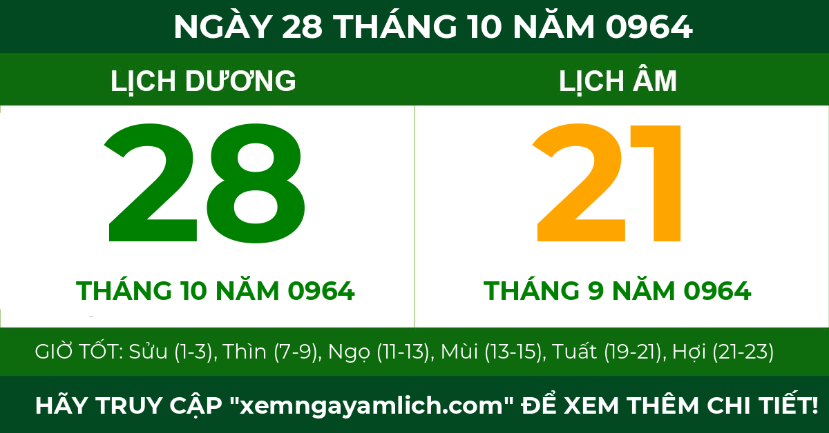 lịch âm ngày 28 tháng 10 năm 0964