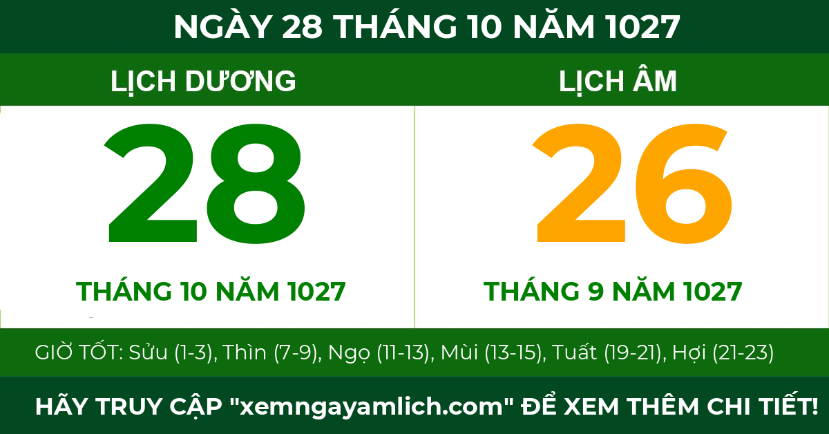 lịch âm ngày 28 tháng 10 năm 1027