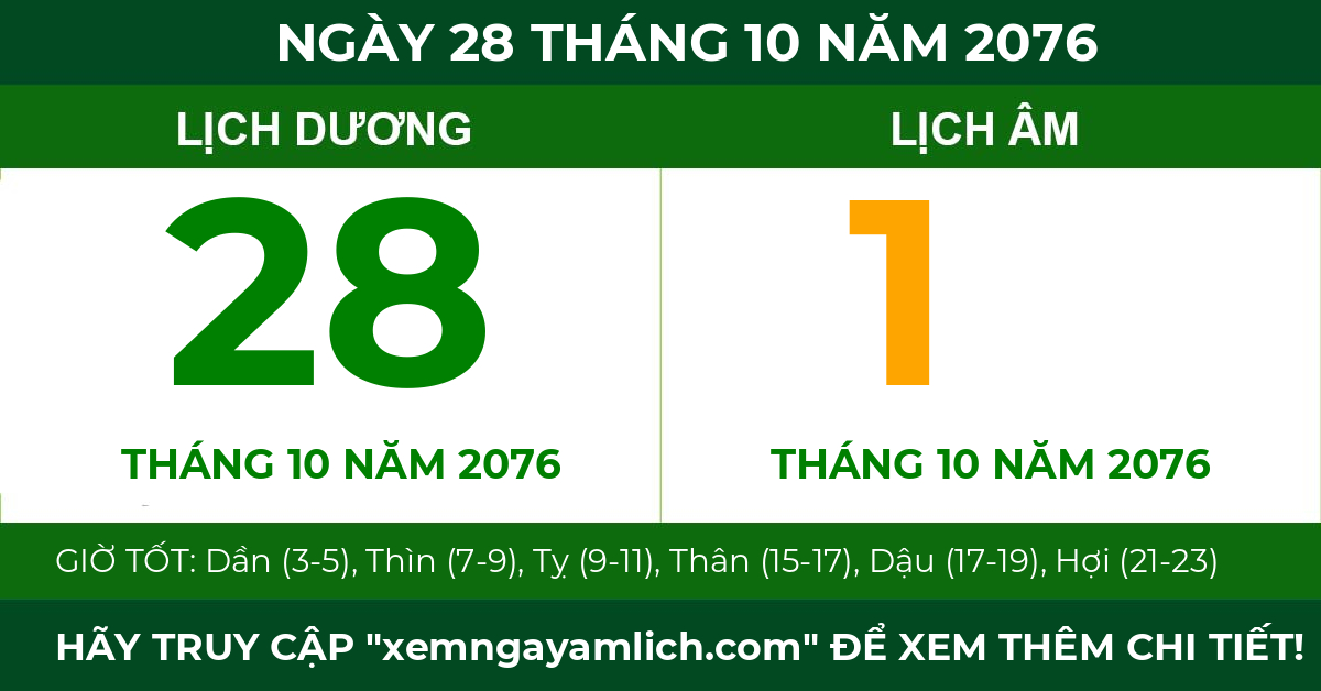 lịch âm ngày 28 tháng 10 năm 2076