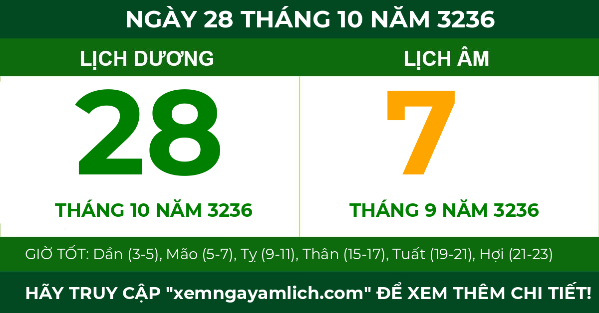 lịch âm ngày 28 tháng 10 năm 3236