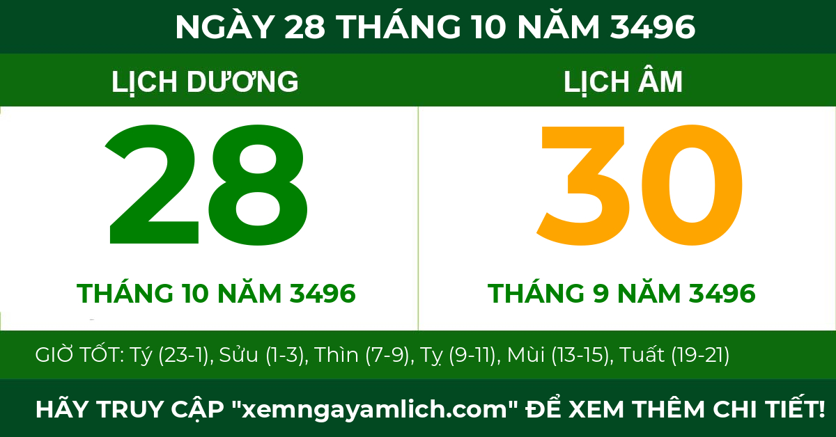 lịch âm ngày 28 tháng 10 năm 3496