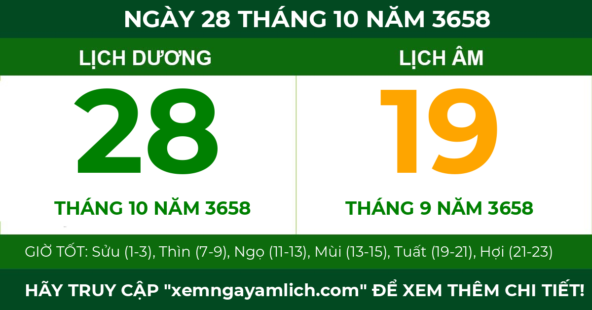 lịch âm ngày 28 tháng 10 năm 3658