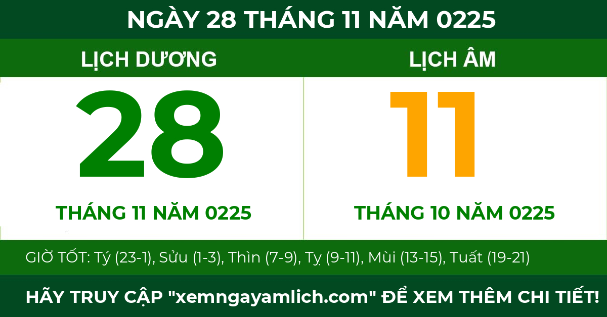 lịch âm ngày 28 tháng 11 năm 0225