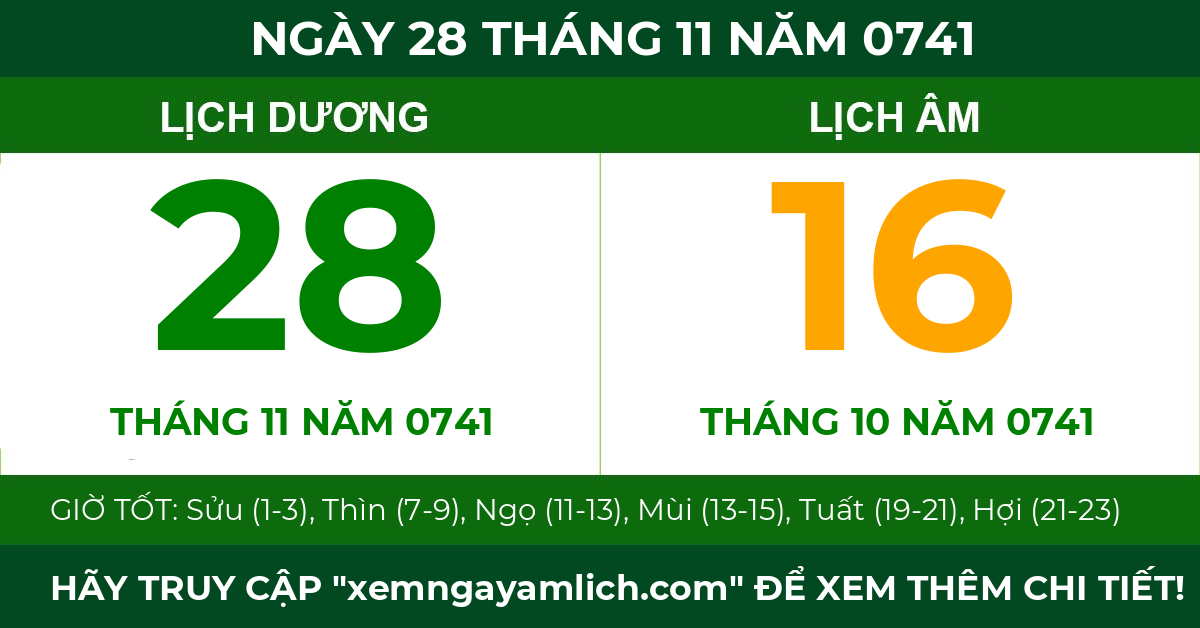 lịch âm ngày 28 tháng 11 năm 0741