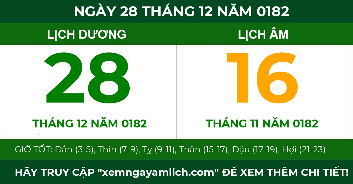 lịch âm ngày 28 tháng 12 năm 0182